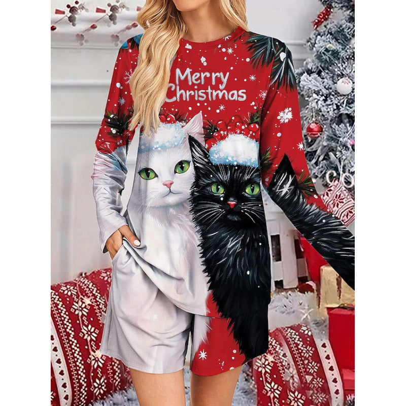 Women's Funny Christmas Pajama Set with Cat Motif R&B