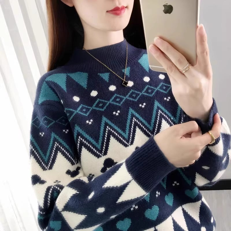 Women's Festive Knit Sweater in Modern Christmas Design with Geometric Pattern and Comfortable Crew Neck R&B
