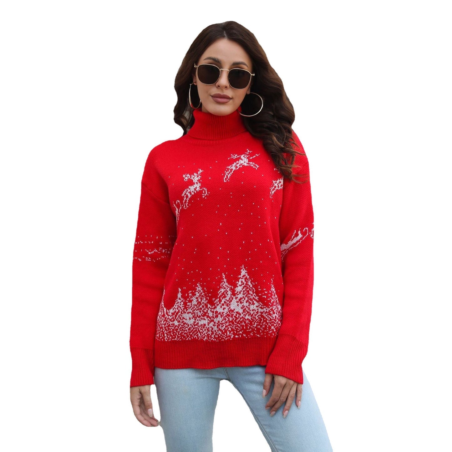 Women's Cozy Christmas Sweater with High Collar and Festive Motif R&B
