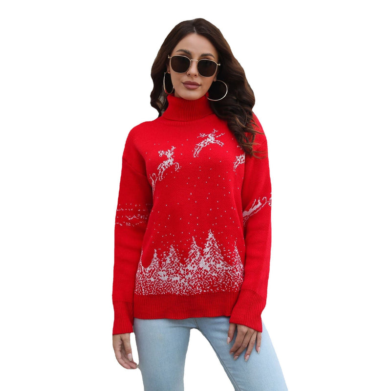 Women's Cozy Christmas Sweater with High Collar and Festive Motif R&B