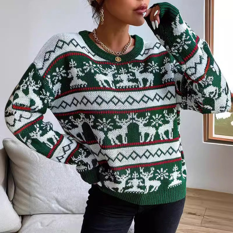 Women's Christmas Sweater with Modern Reindeer Pattern and Exclusive Knit Quality
