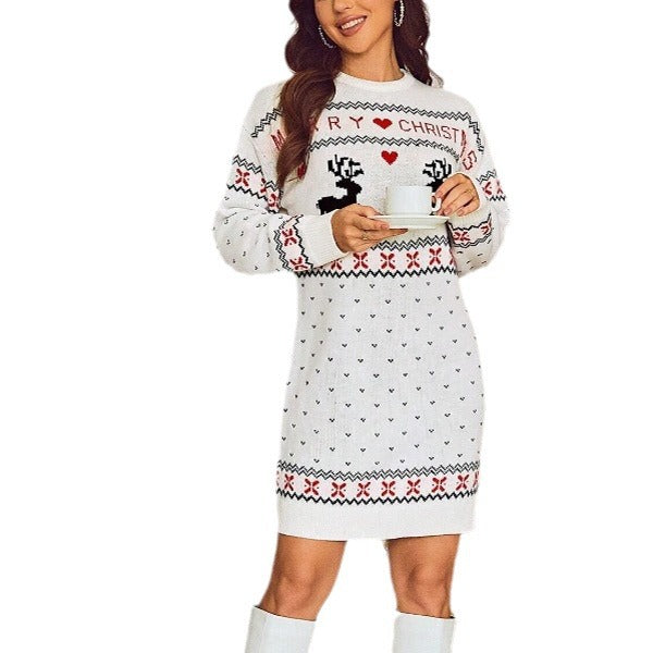 Women's Christmas Knit Dress with Playful Reindeer Design and Elegant Crew Neck