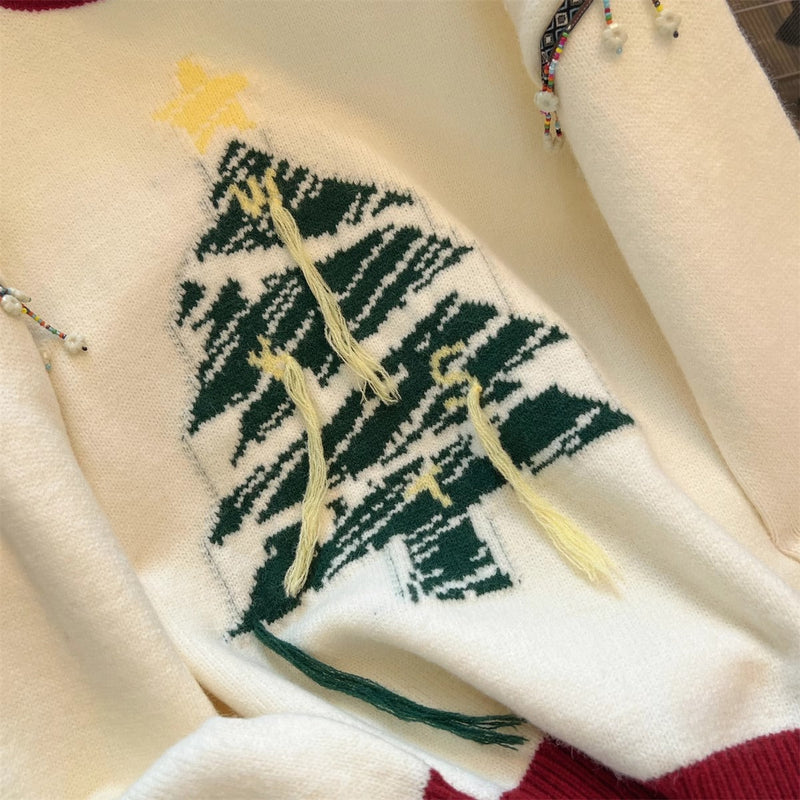 Women's Festive Knit Sweater with Fir Tree Motif and Playful Accents R&B