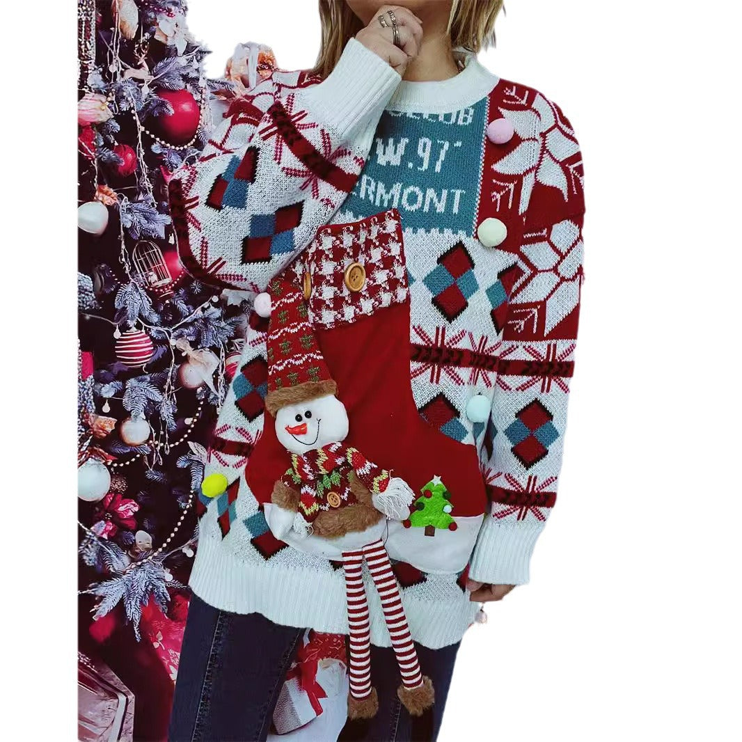 Women's Festive Sweater with Wintry Snowman Motif and Decorative Details R&B