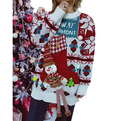 Women's Festive Sweater with Wintry Snowman Motif and Decorative Details
