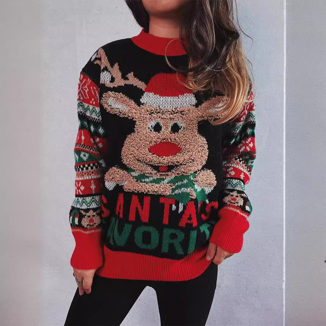 Women's Christmas Sweater with Festive Reindeer Motif and Colorful Knit Details