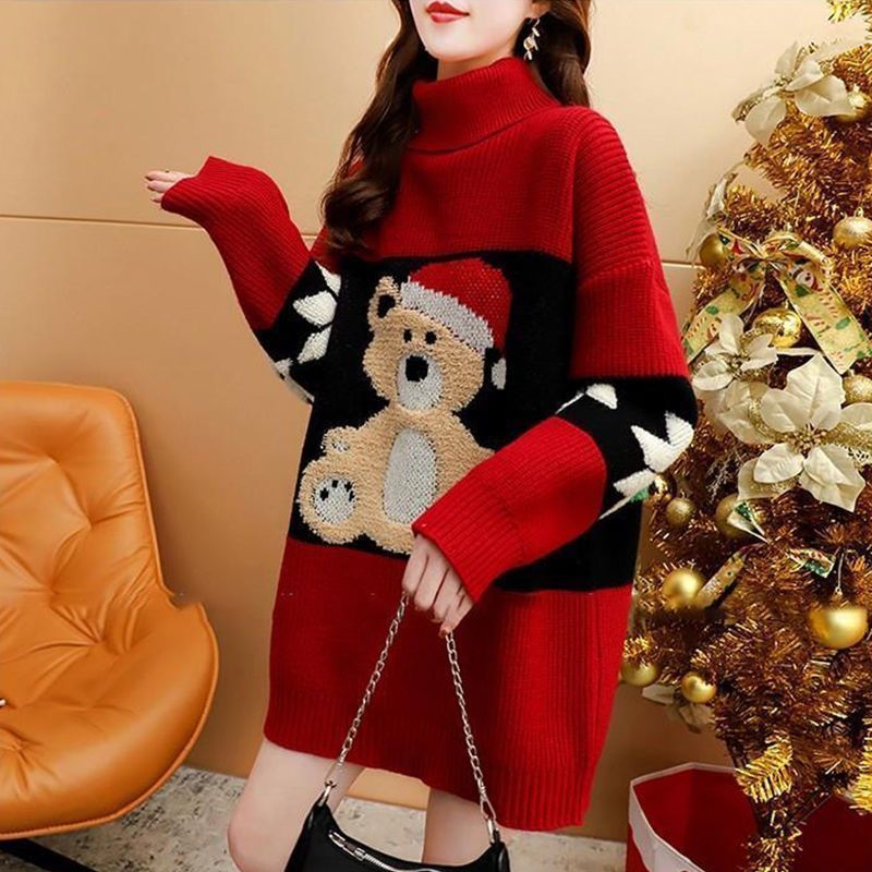 Women's Cozy Turtleneck Sweater with Festive Bear Motif