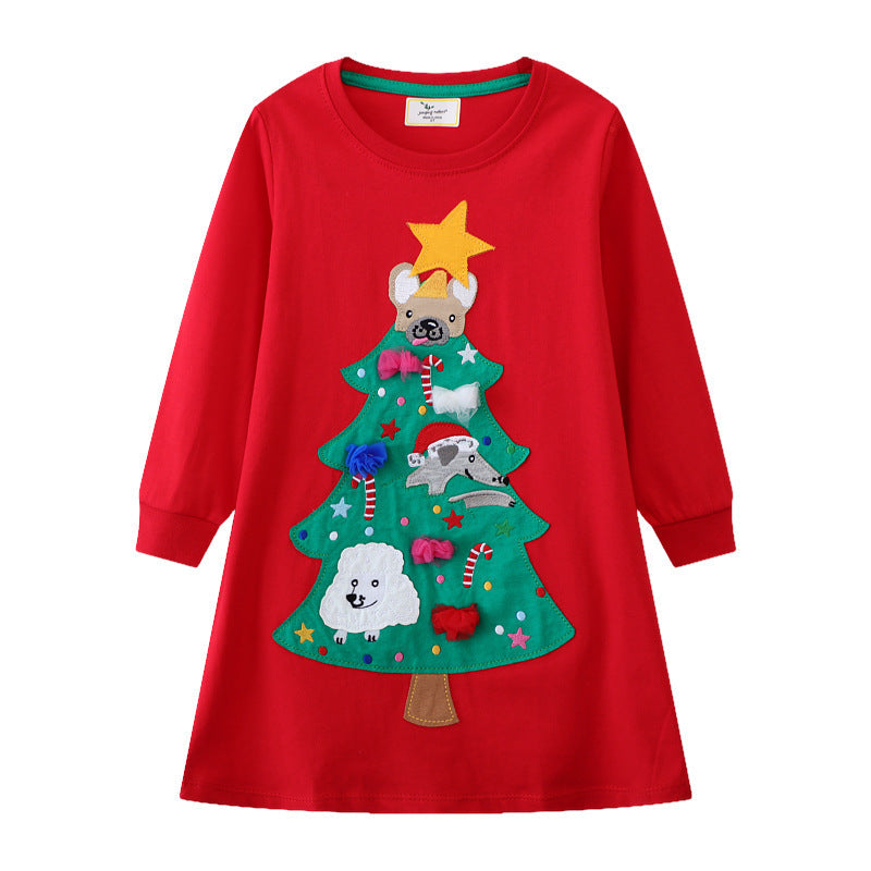 Girls' Long-Sleeve Dress with Festive Christmas Tree Motif