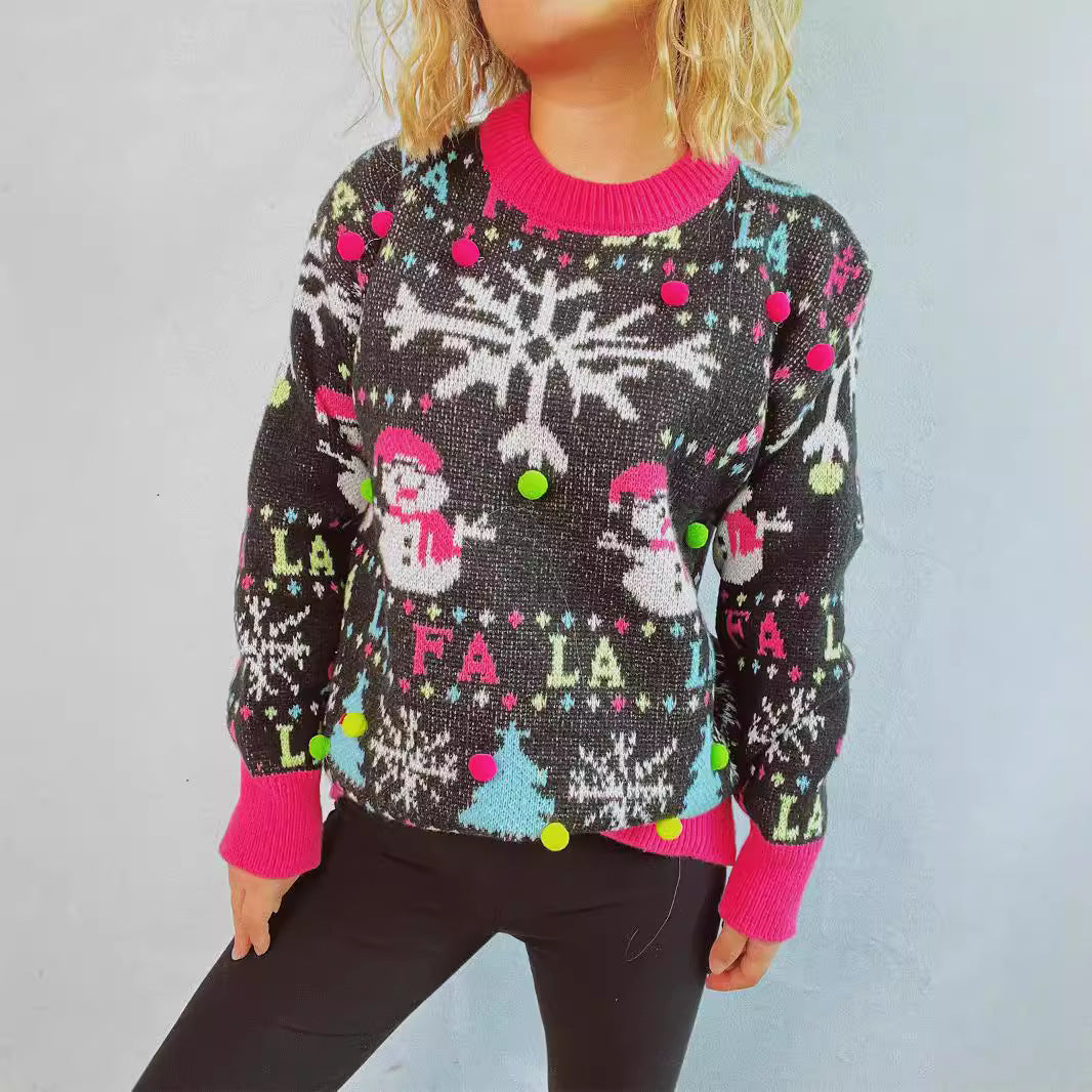 Women's Christmas Sweater with Colorful Appliqués and Festive Design