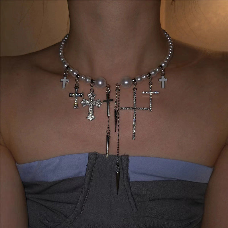 Cross Rivet Tassel Pearl Beaded High-end Necklace