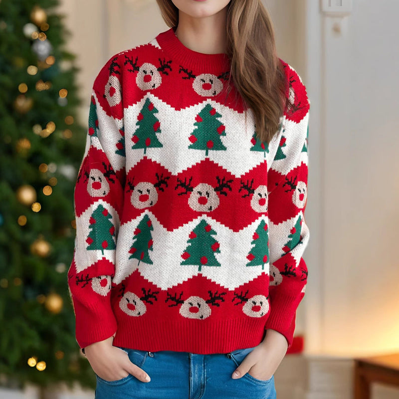 Women's Christmas Sweater with Festive Reindeer and Christmas Tree Motif