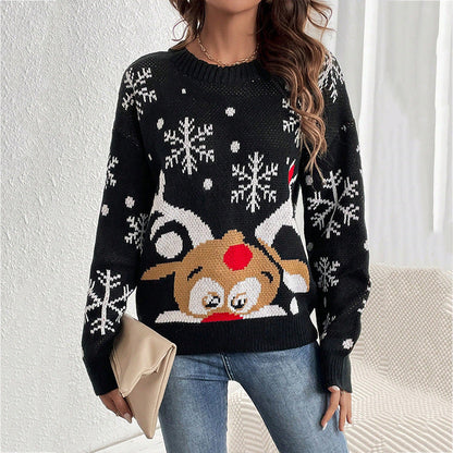 Women's Christmas Sweater with Fun Reindeer Motif and Snowflake Pattern