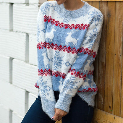 Women's Knit Sweater with Festive Reindeer and Snowflake Motif