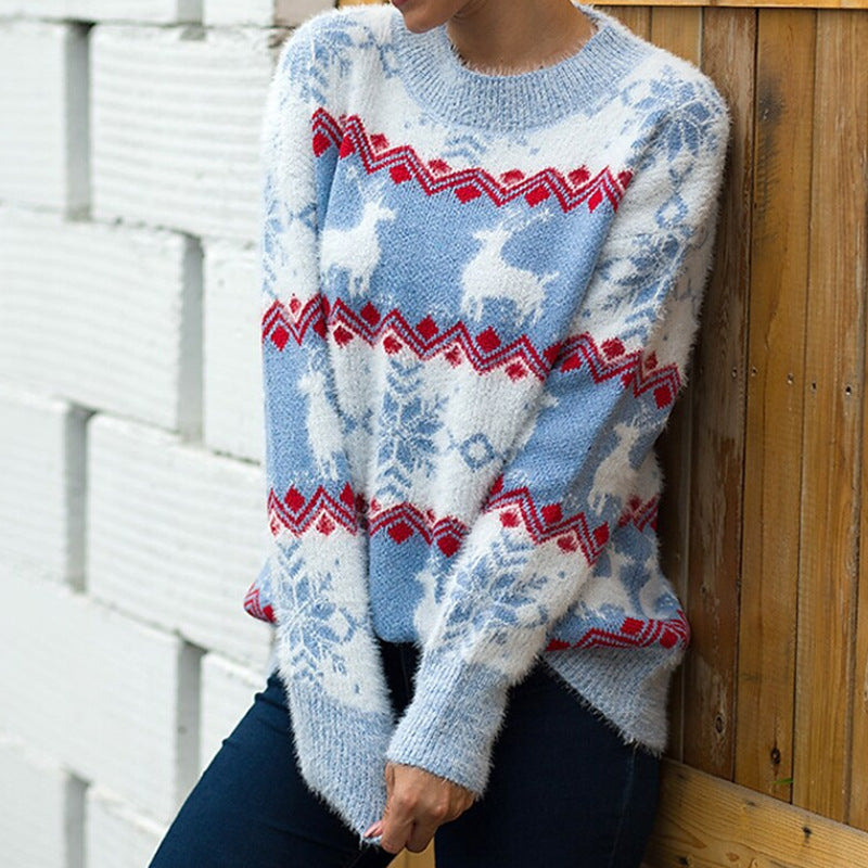 Women's Knit Sweater with Festive Reindeer and Snowflake Motif