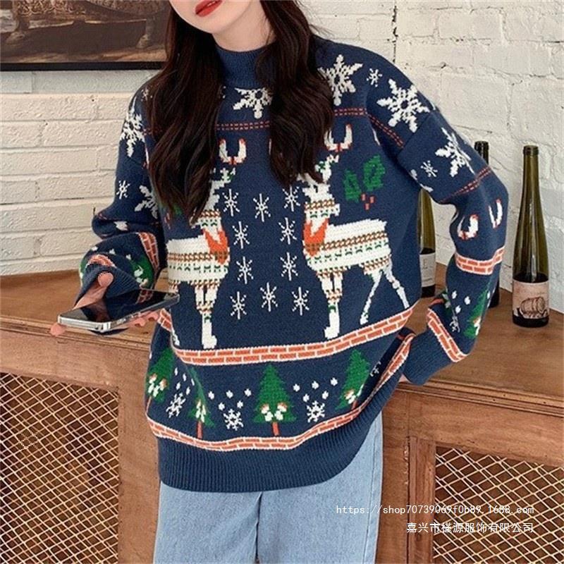 Women's Festive Sweater with 3D Reindeer Motif and High Collar R&B