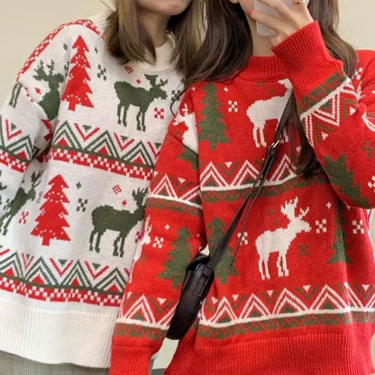 Women's Chunky Knit Sweater with Festive Reindeer Motif and Crew Neck R&B