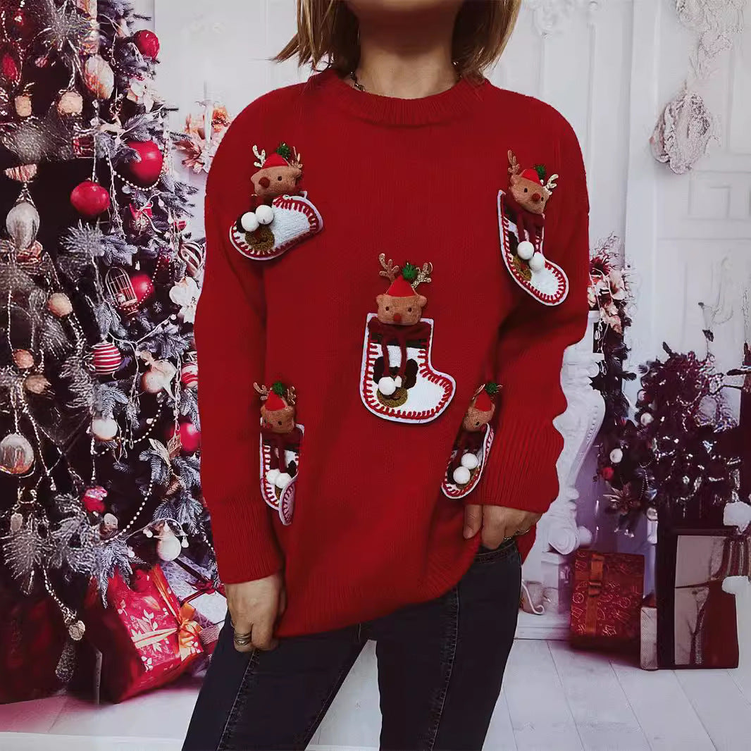 Women's Christmas Knit Sweater with Festive Reindeer Motif and 3D Details