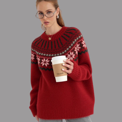 Women's Knit Sweater with Festive Norwegian Motif and Wide Cut R&B