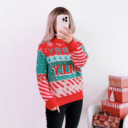 Women's Festive Knit Sweater with Creative Christmas Design R&B