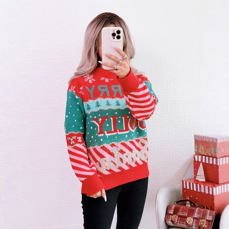 Women's Festive Knit Sweater with Creative Christmas Design R&B