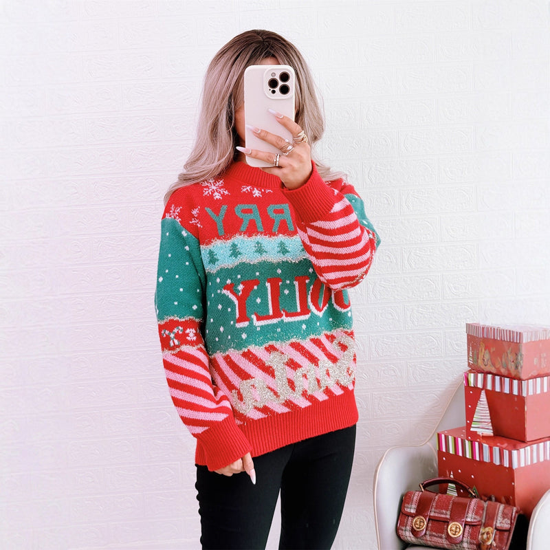 Women's Festive Knit Sweater with Creative Christmas Design