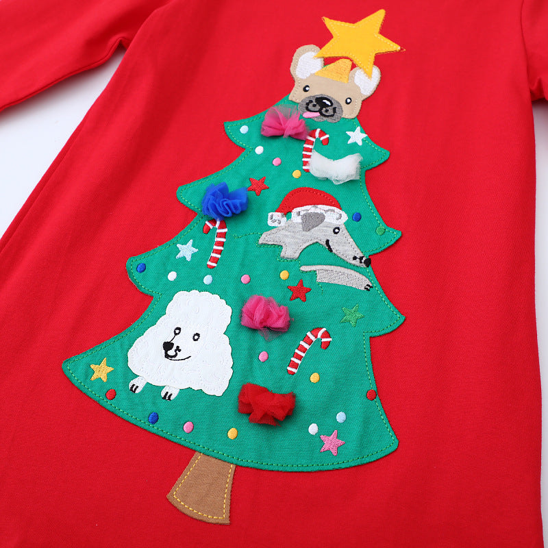 Girls' Long-Sleeve Dress with Festive Christmas Tree Motif R&B