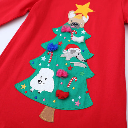 Girls' Long-Sleeve Dress with Festive Christmas Tree Motif R&B