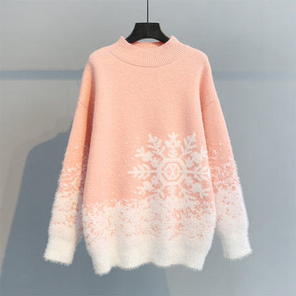 Women's Chunky Knit Sweater with Festive Snowflake Motif and Soft Collar