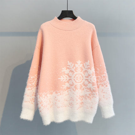 Women's Chunky Knit Sweater with Festive Snowflake Motif and Soft Collar