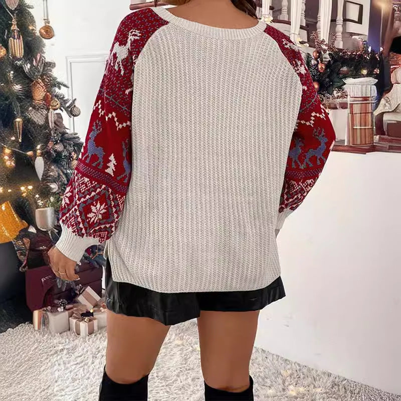 Women's V-Neck Knit Sweater with Festive Pattern and Casual Balloon Sleeves