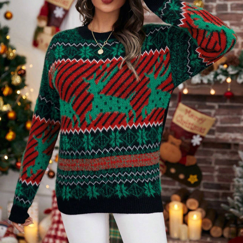 Women's Festive Christmas Knit Sweater with Animal Print Pattern and Casual Cut