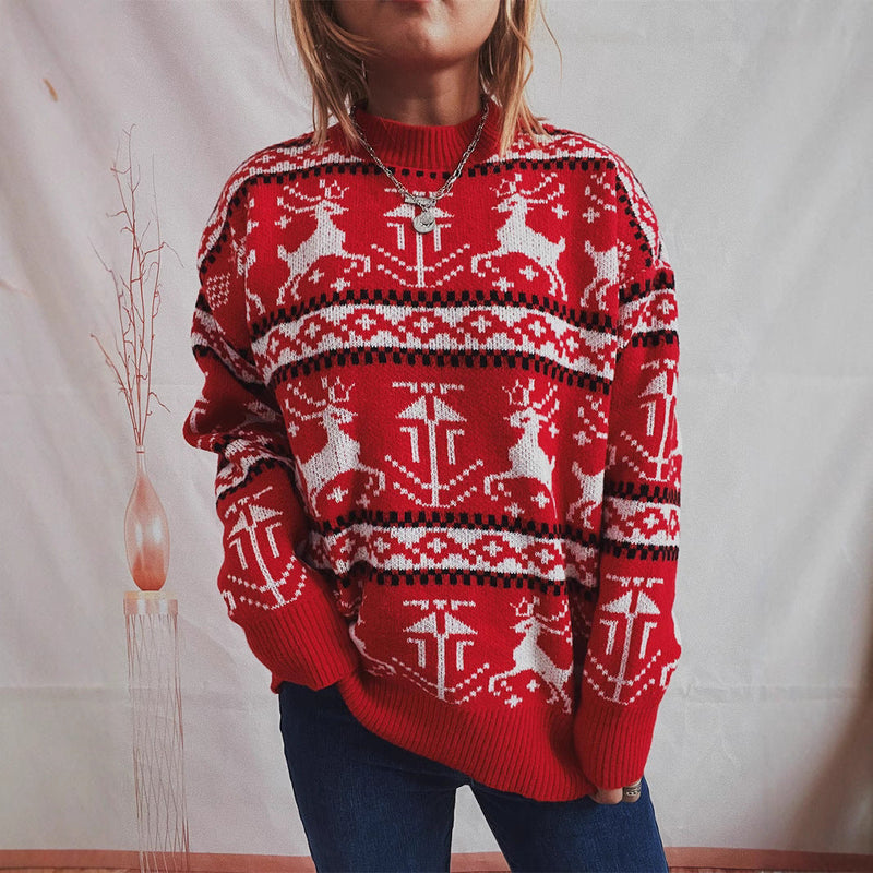 Women's Christmas Sweater in Festive Norwegian Pattern with Crew Neck