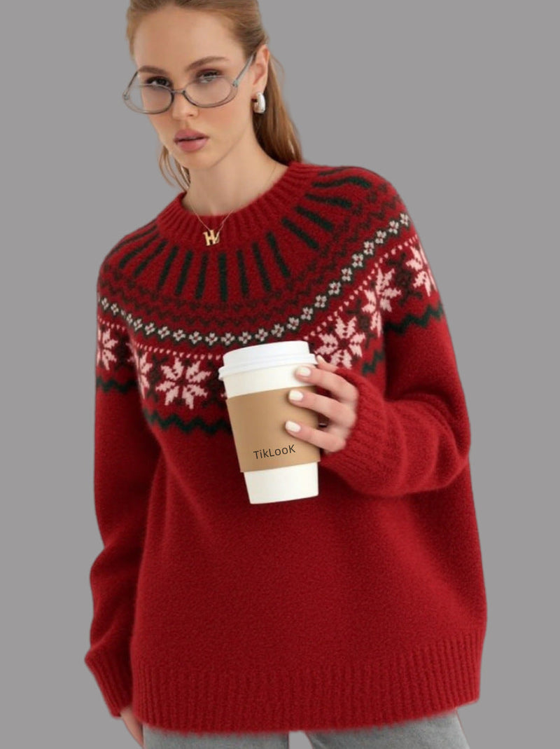 Women's Knit Sweater with Festive Norwegian Motif and Wide Cut R&B