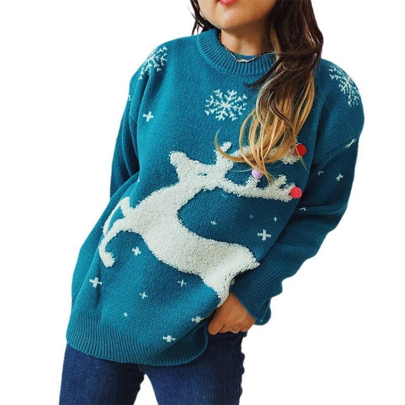Women's Festive Sweater with Creative Reindeer Motif and Textured Knit R&B