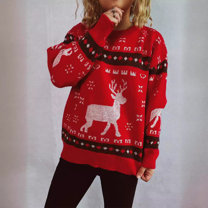 Women's Christmas Sweater with Festive Reindeer Motif and Comfortable Fit R&B