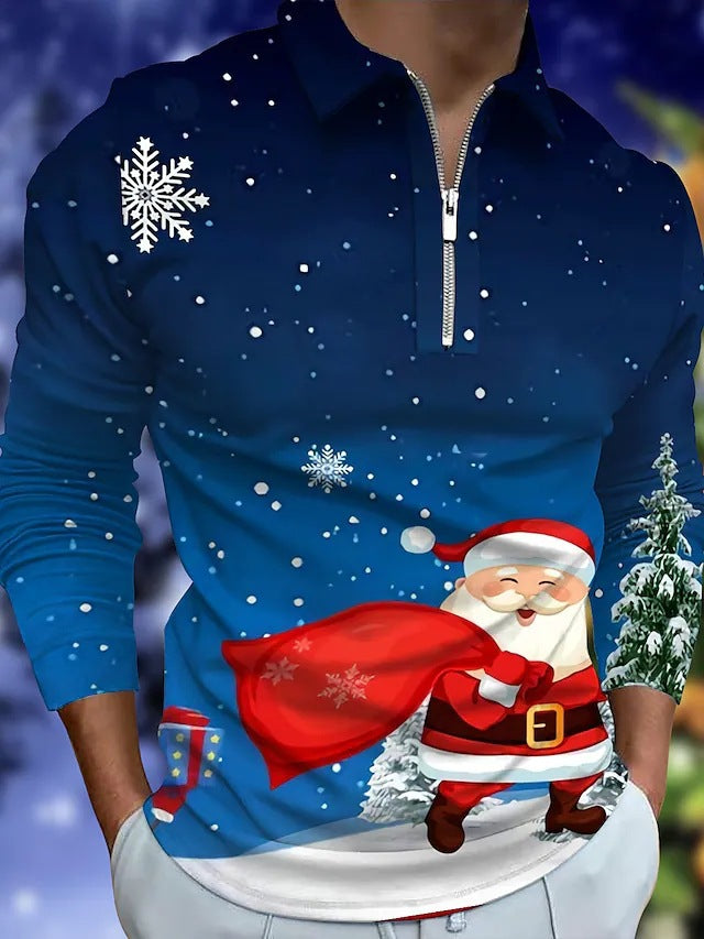 Men's Christmas Long-Sleeve Shirt with Festive Graphic Design and Practical Zipper R&B