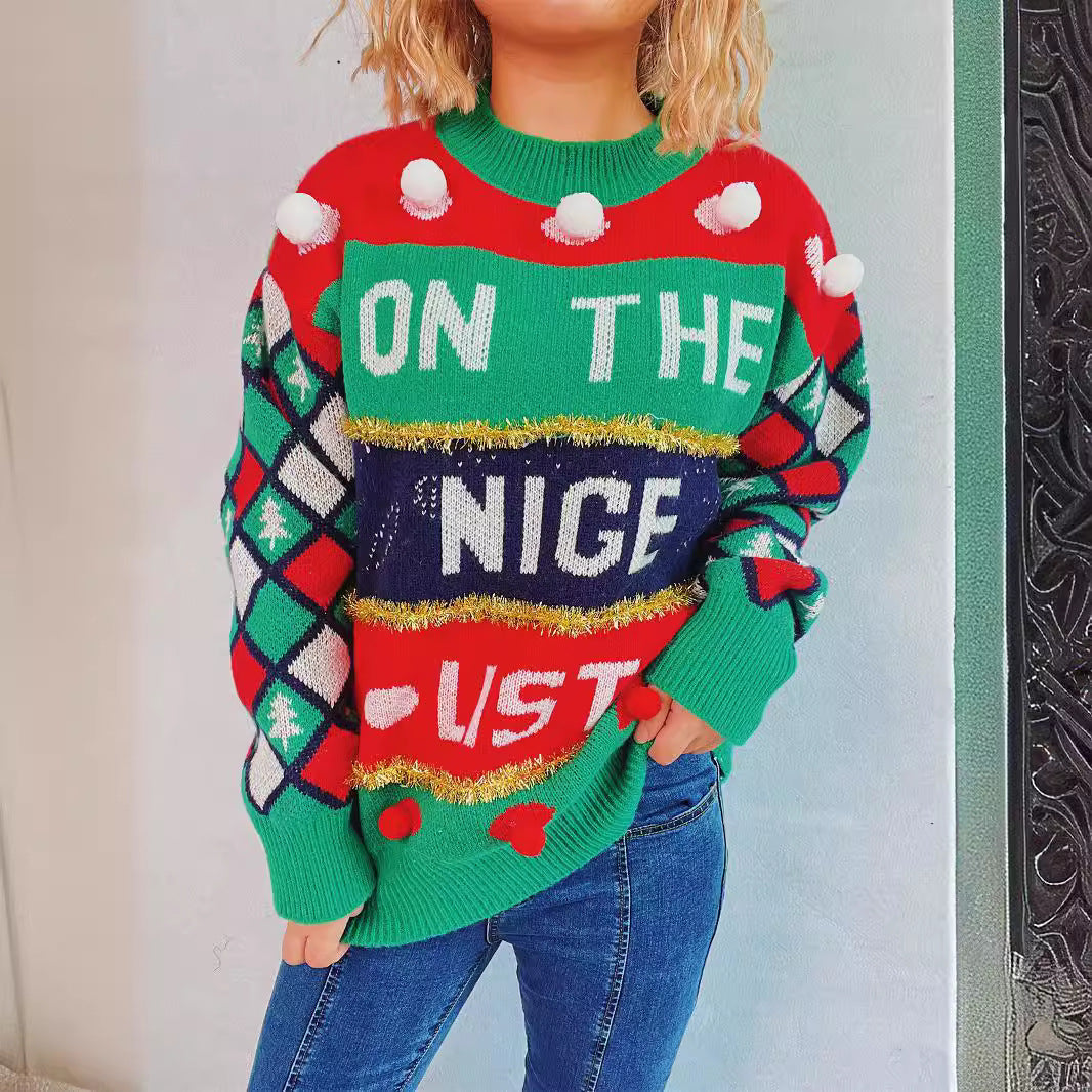 Women's Festive Sweater with Colorful Appliqués and Playful Design