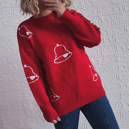 Women's Festive Sweater with Cheerful Bell Motif and Casual Cut R&B