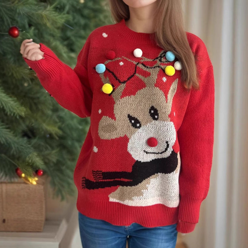 Women's Christmas Sweater with Unique Reindeer Motif and Colorful Appliqués