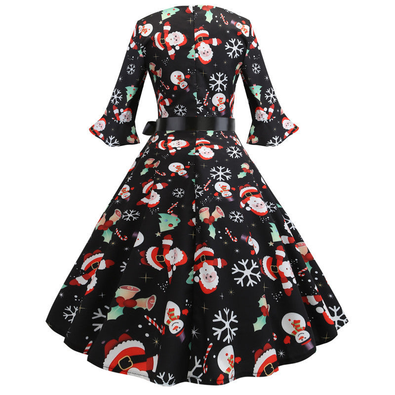 Women's Christmas Festive Dress with Swing Skirt and Long Sleeves