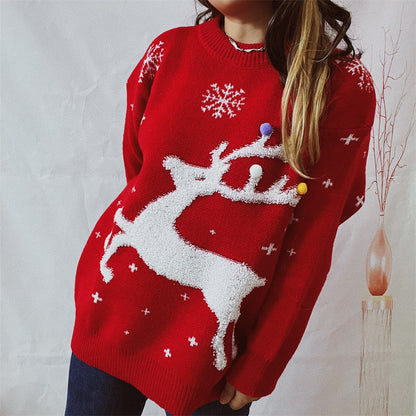 Women's Festive Sweater with Creative Reindeer Motif and Textured Knit R&B