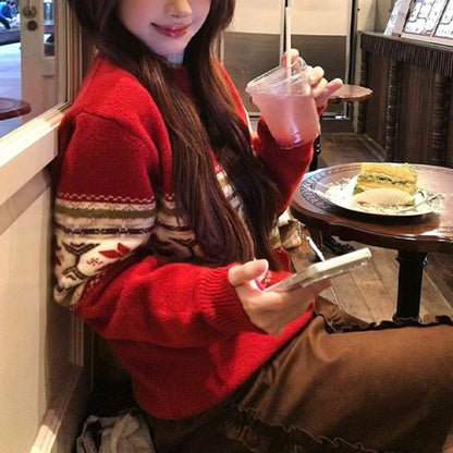 Women's Cozy Knit Sweater with Festive Pattern Mix