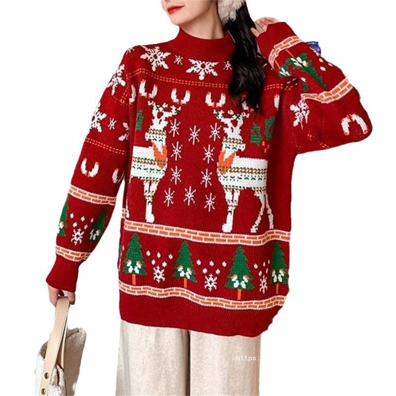 Women's Festive Sweater with 3D Reindeer Motif and High Collar R&B