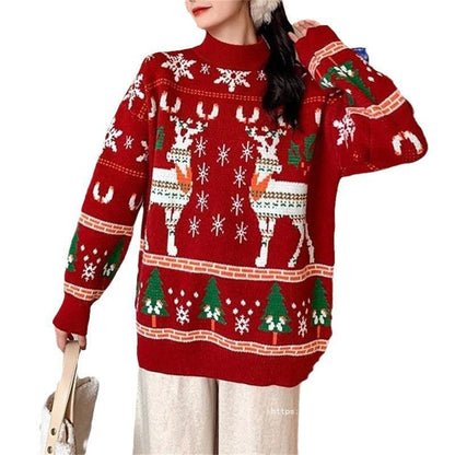 Women's Festive Sweater with 3D Reindeer Motif and High Collar R&B