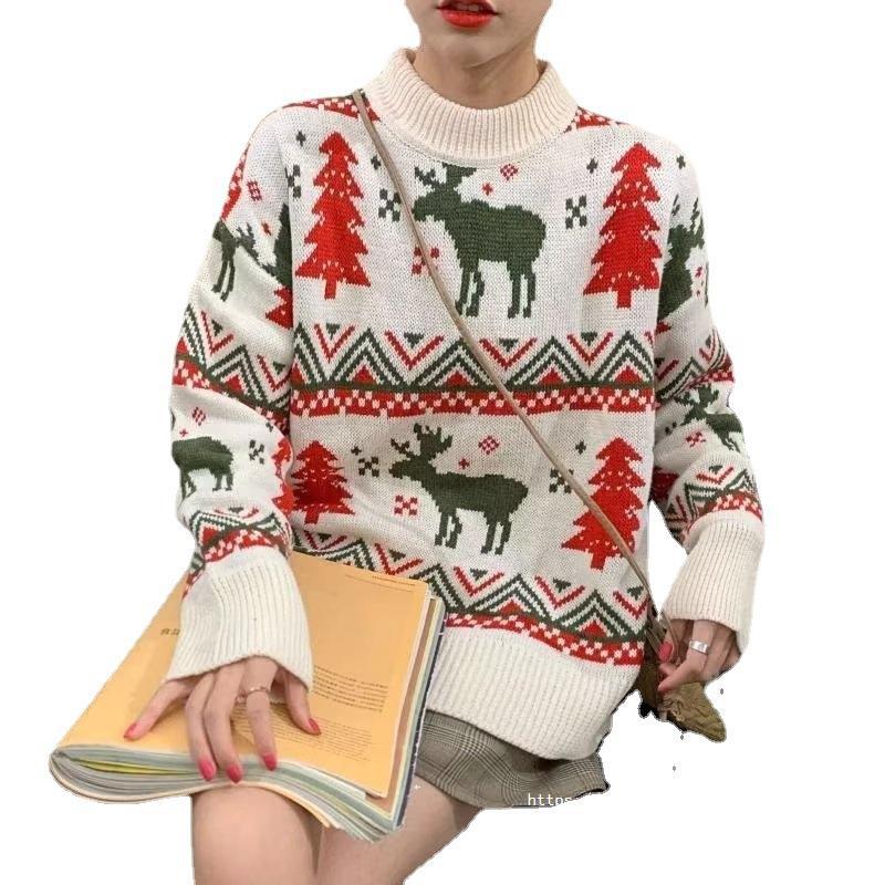Women's Chunky Knit Sweater with Festive Reindeer Motif and Crew Neck R&B