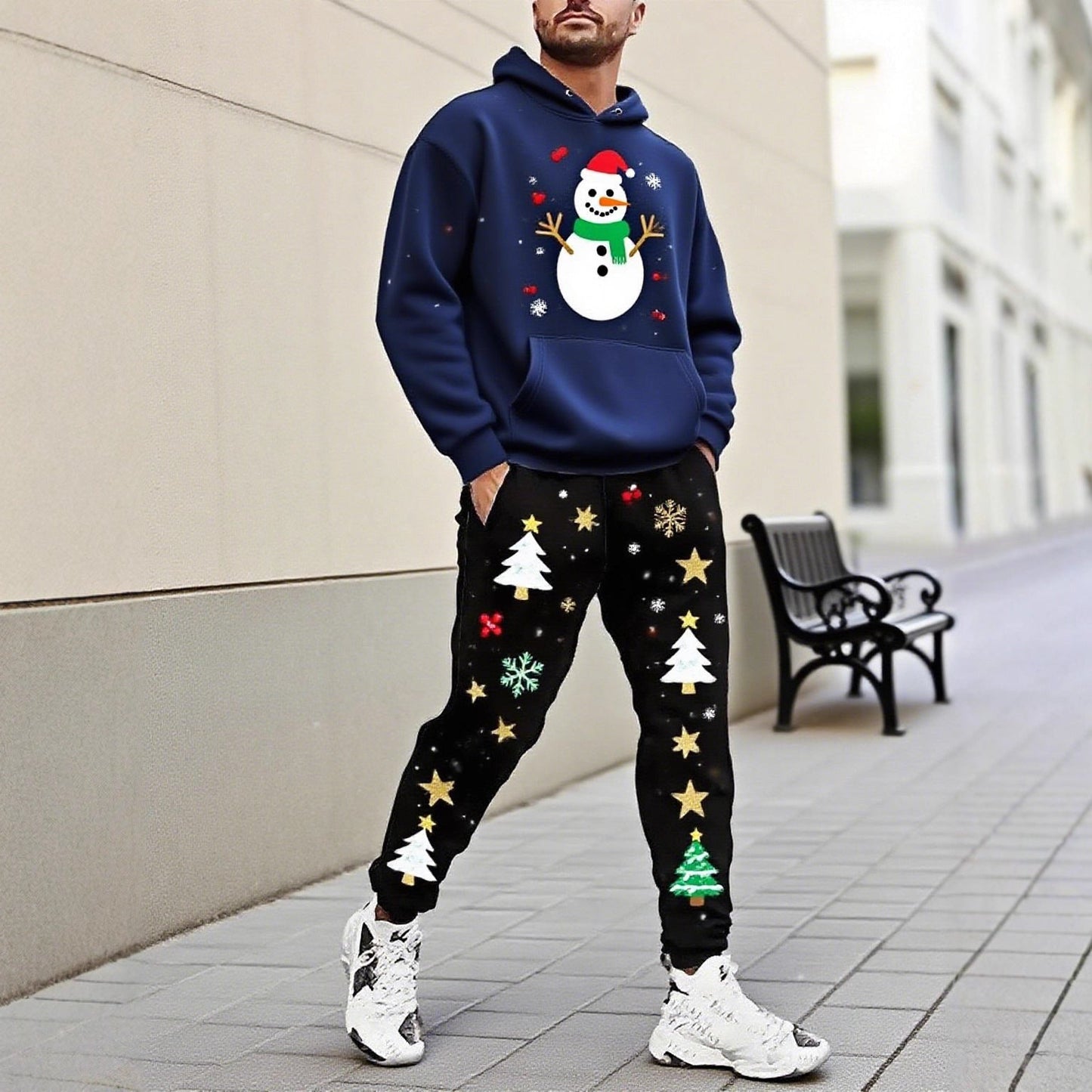 Men's Christmas-Motif Hoodie and Sweatpants Set