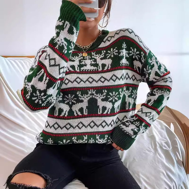 Women's Christmas Sweater with Modern Reindeer Pattern and Exclusive Knit Quality