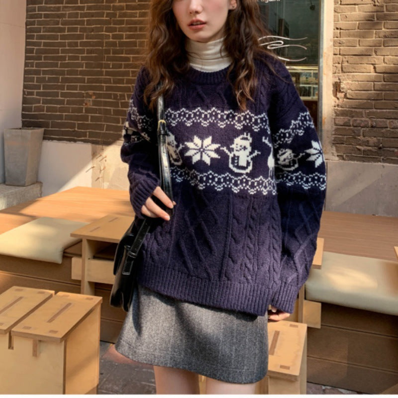 Women's Christmas Sweater with Festive Cable Pattern and Snowman Motif R&B