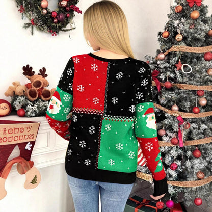 Women's Christmas Sweater with Fun Snowman and Christmas Tree Motif