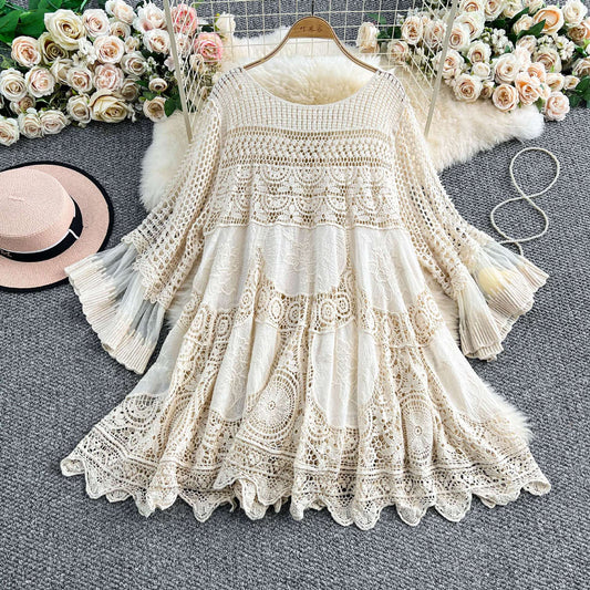 Handmade Beige Embroidered Hollow Out Knit Dress Summer